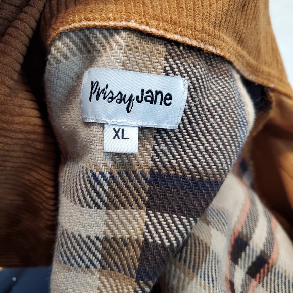 Prissy Jane Tan Corduroy Flannel Plaid Fall Cozy Casual Long Top Shacket XL - Picture 6 of 7